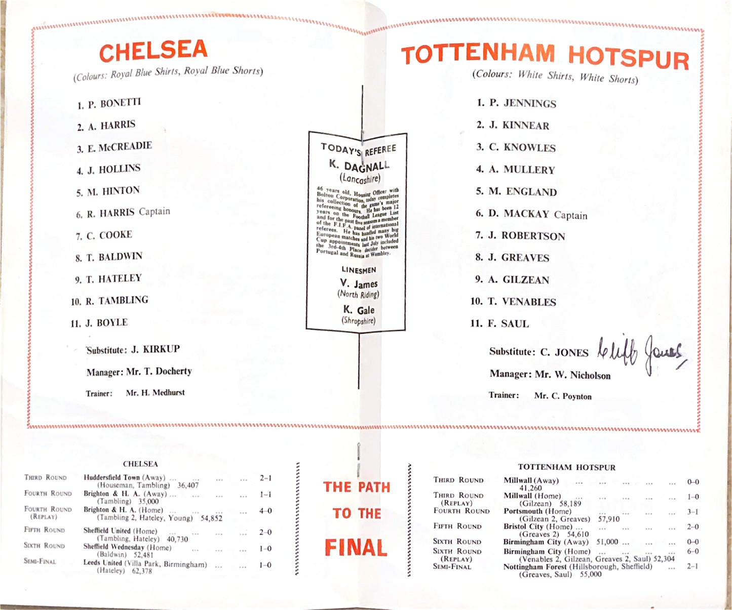 Chelsea V Tottenham FA Cup Final 1967 Official Programme Signed By Cliff Jones