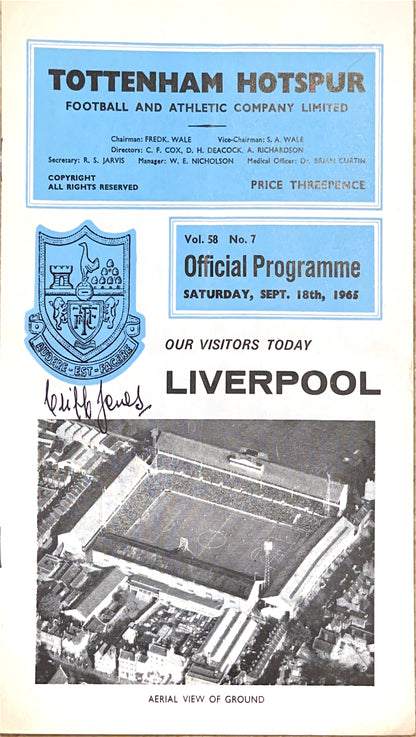 Tottenham Hotspur V Liverpool 18/09/65 Signed By Cliff Jones