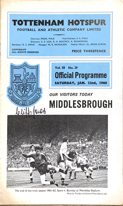 Tottenham Hotspur V Middlesbrough 22/01/66 Signed By Clifff Jones