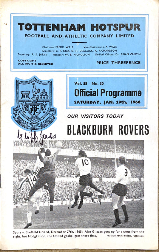 Tottenham Hotspur V Blackburn Rovers 29/01/66 Signed By Cliff Jones