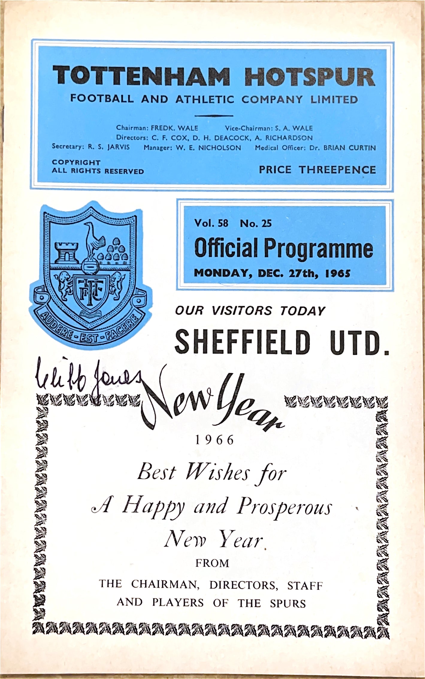 Tottenham Hotspur V Sheffield United 27/12/65 Signed By Cliff Jones