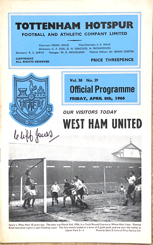 Tottenham Hotspur V West Ham United 08/04/66 Signed By Cliff Jones
