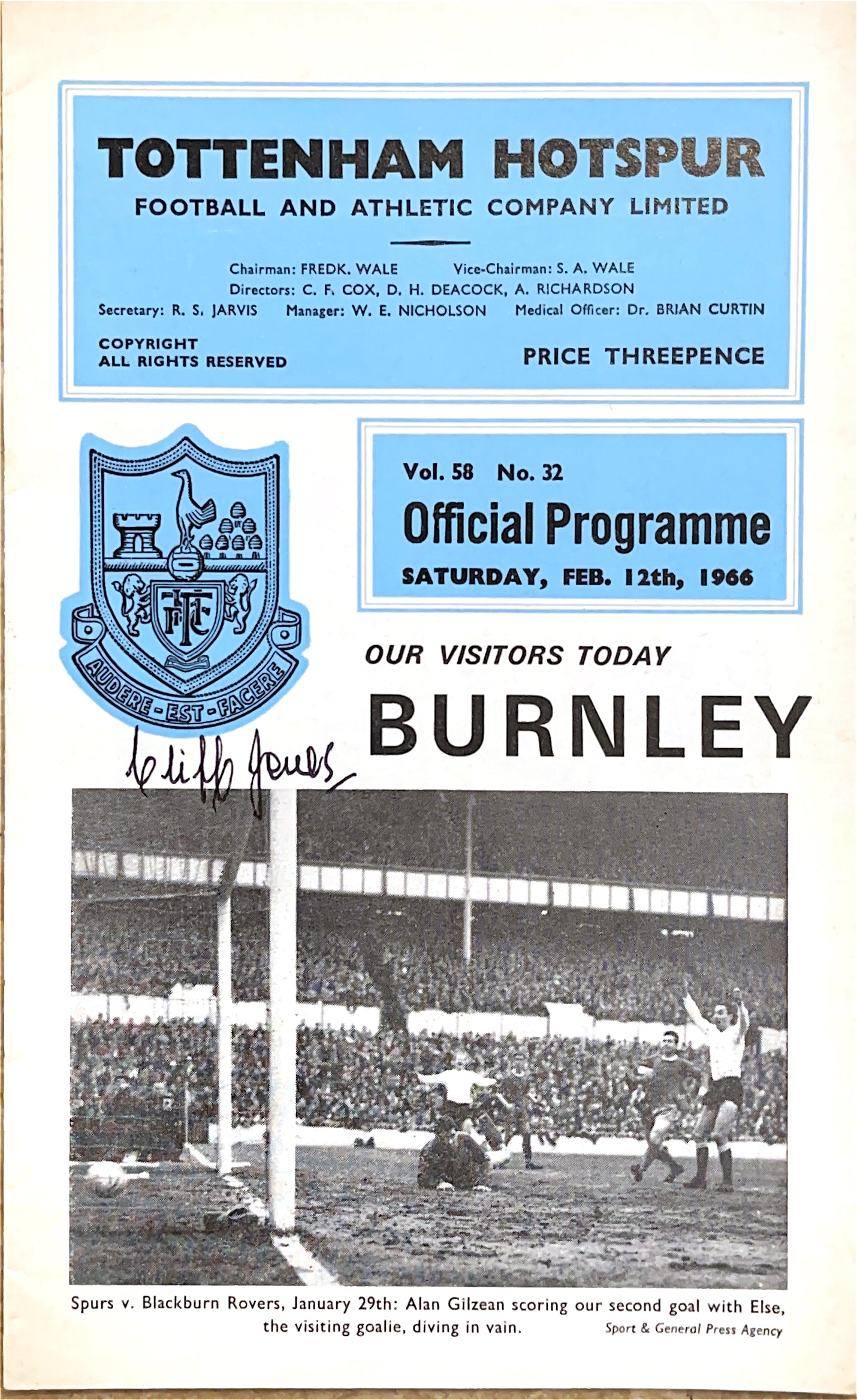 Tottenham Hotspur V Burnley 12/02/66 Signed By Cliff Jones