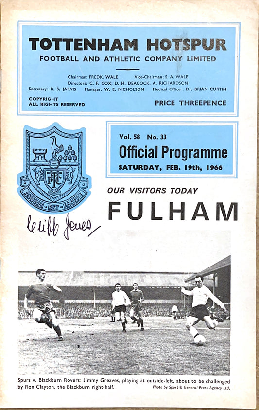 Tottenham Hotspur V Fulham 19/02/66 Signed By Cliff Jones