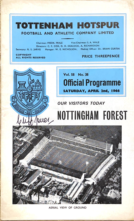 Tottenham Hotspur V Nottingham Forest 02/04/66 Signed By Cliff Jones