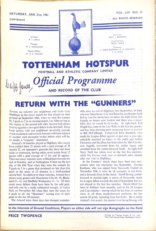 Tottenham Hotspur V Arsenal 21/01/61 Signed By Cliff Jones